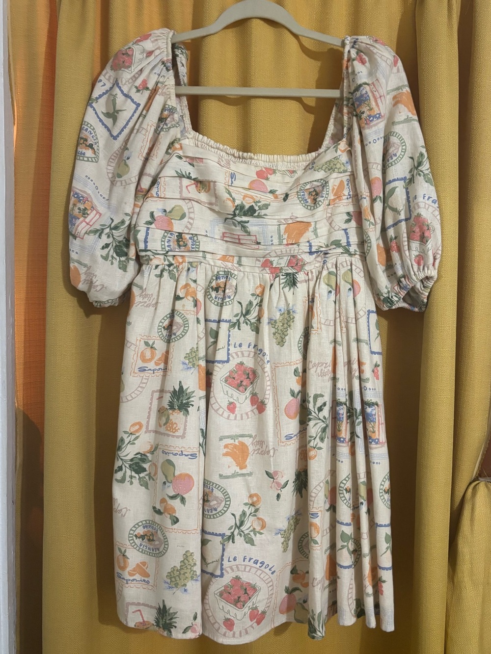 Abercrombie & Fitch Cream Floral and Fruit Puff-Sleeve Mini Emerson Dress